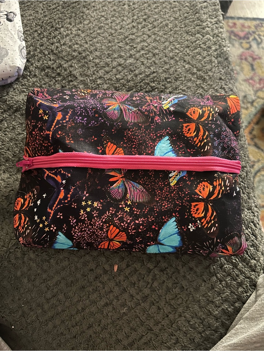 Hand Crafted Black Butterfly Cosmetic Pouch with Pink Zipper